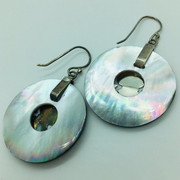 Abalone Shell Earrings Sterling Silver Etched Dangle Pierced Merav Mexico 925 - Picture 6 of 9